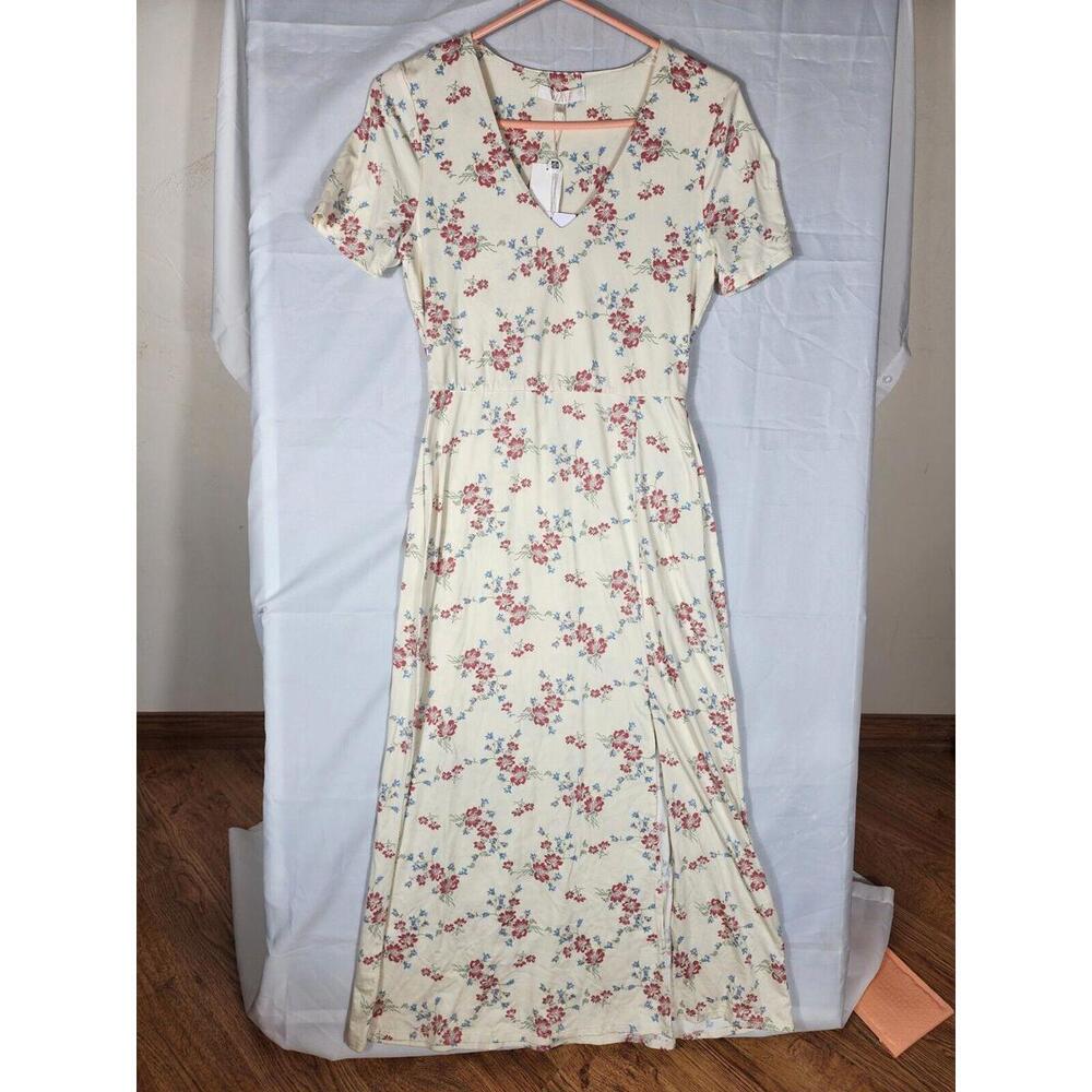 WAYF NWT Yellow Floral V-Neck Short Sleeve Maxi Dress Side Slit Size S